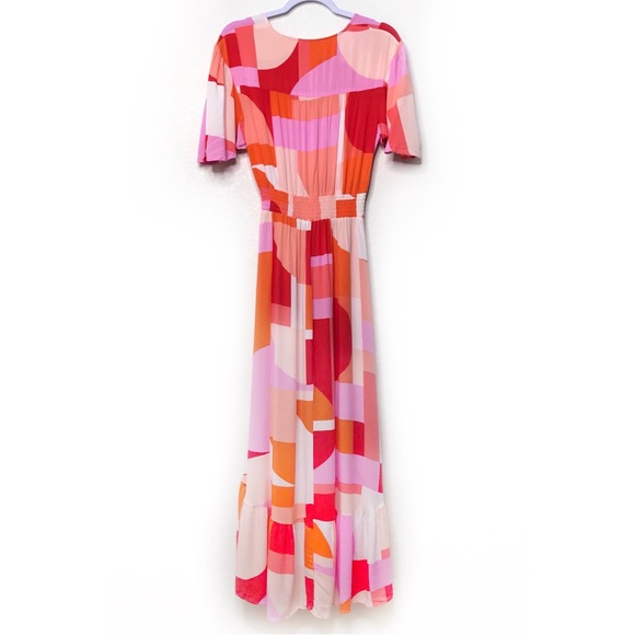 ABEL THE LABEL Ruffled Hem Flutter Sleeve Midi Dress Bright Abstract Geometric - Picture 5 of 13